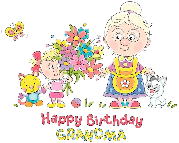 Happy birthday grandma card with a cute grandmother and her little granddaughter with flowers