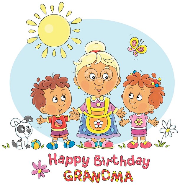 Happy birthday grandma card with a cute grandmother and her little grandson and granddaughter