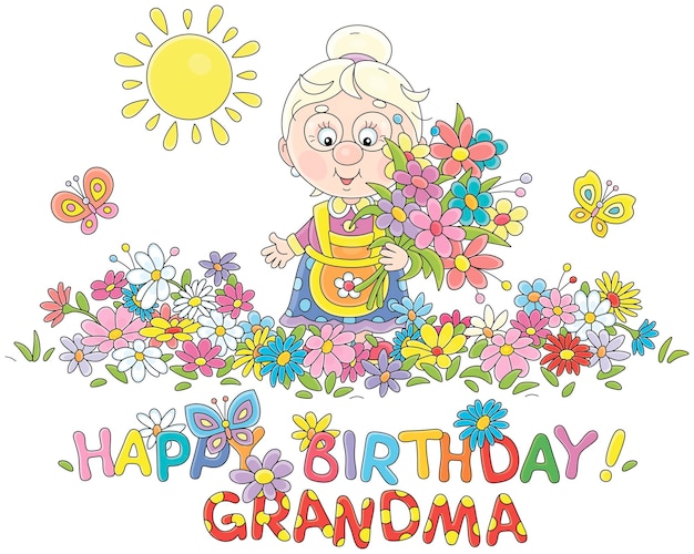 Happy birthday grandma card with a funny grandmother in a traditional dress holding summer flowers