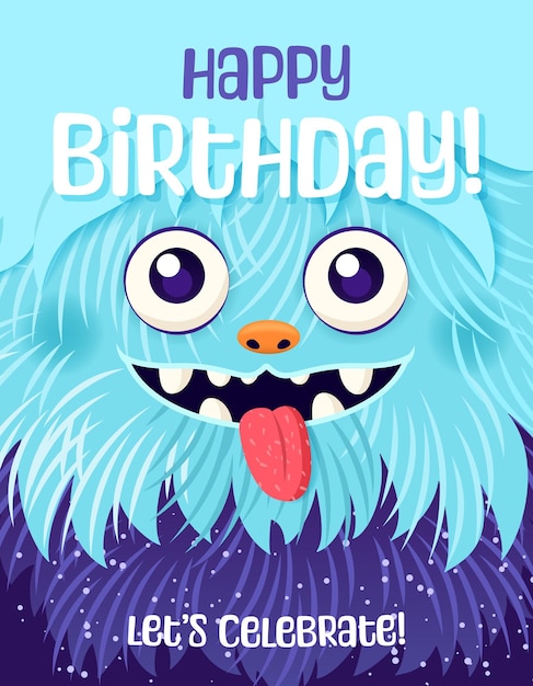 Vector happy birthday greeting card or monster party invitation festive postcard with a fluffy monster