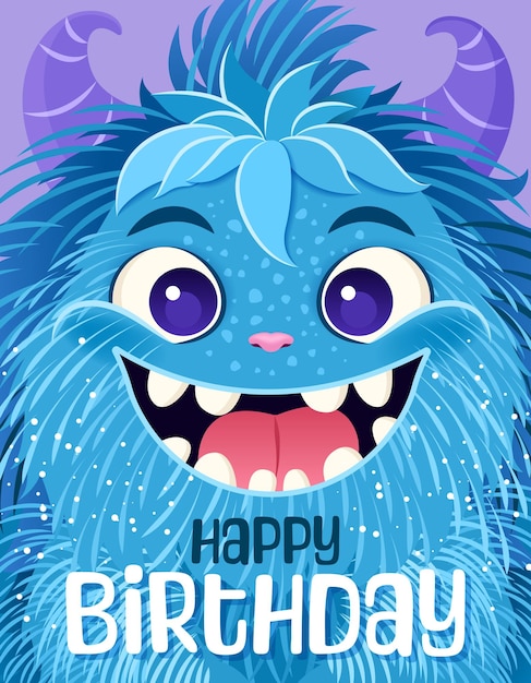 Vector happy birthday greeting card or monster party invitation festive postcard with a fluffy monster