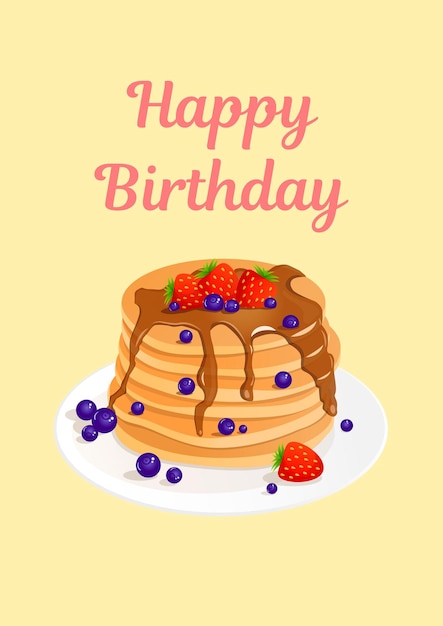 Happy birthday greeting card on a pink background A4 format greeting card template Vector illustration of pancakes with berries Text can be added changed Postcard advertising