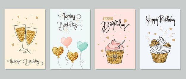 Happy birthday Greeting card set with cupcakes champagne balloons and calligraphy