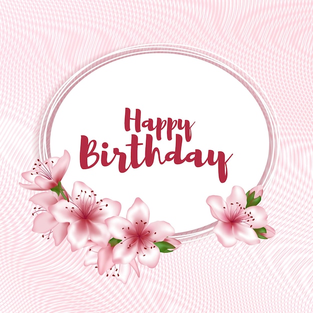 Happy Birthday greeting card template round frame text blooming tree branches and flying petals