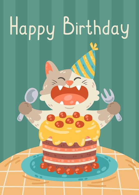 Happy birthday greeting card with cat cake party hat