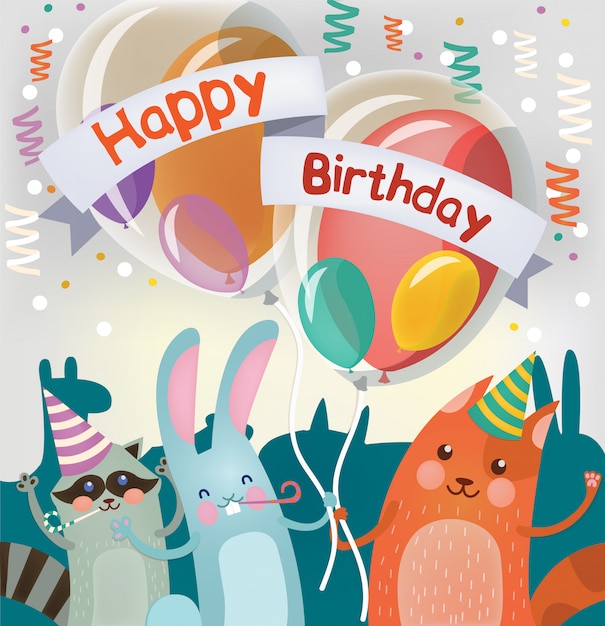 Happy Birthday Greeting Card with Cute Animals for Children Party