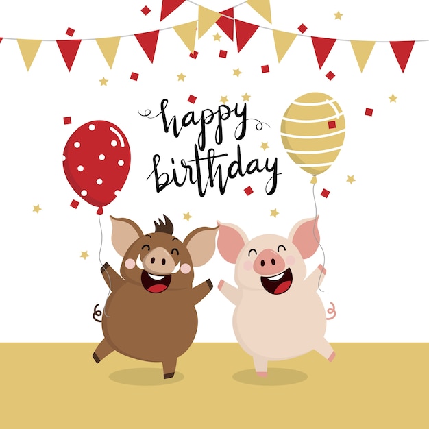 Happy Birthday greeting card with cute boar and pig