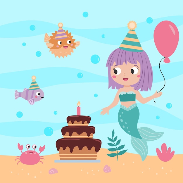 Happy birthday greeting card with cute mermaid