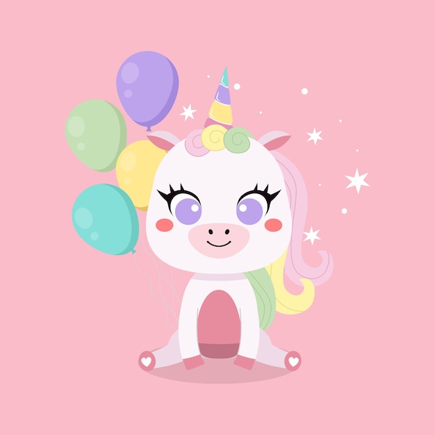 Happy birthday greeting card with cute unicorn and balloons