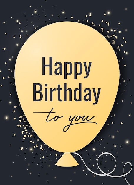 Happy birthday greeting card with golden balloon glitter and confetti on dark background Vector