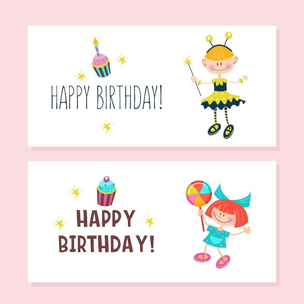 Happy birthday. Greeting cards. Cute girls having fun and delicious cakes with candles. Vector clipart.