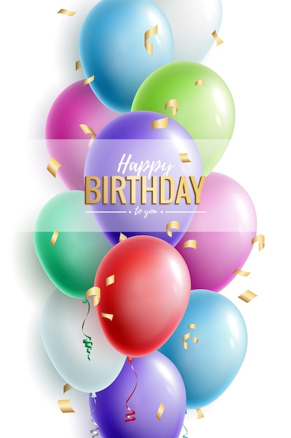 Happy Birthday greeting or invitation card with balloons, flags and foil confetti