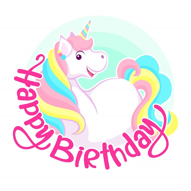 Happy Birthday Greeting. Smiling colorful unicorn