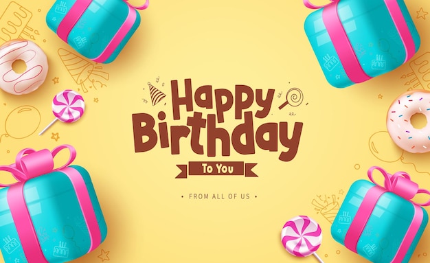 Happy birthday greeting vector background design Birthday greeting text with blue gift box