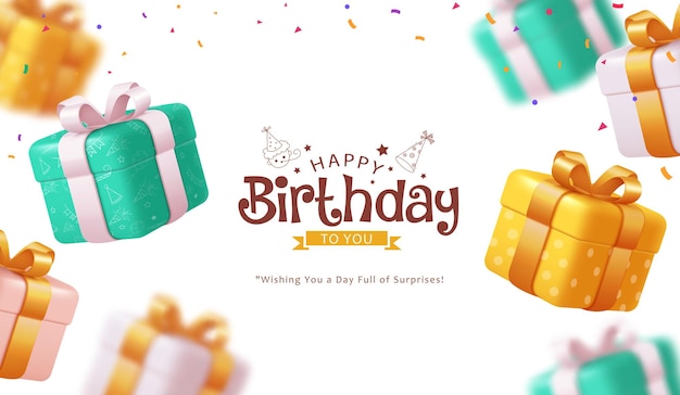 Happy birthday greeting vector background design Birthday greeting text with gift boxes in green