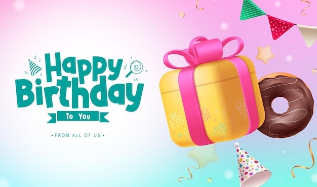 Happy birthday greeting vector background design Birthday greeting text with yellow gift box donut