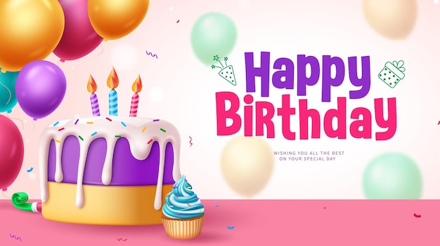 Happy birthday greeting vector design Birthday greeting text with cake cupcake and colorful