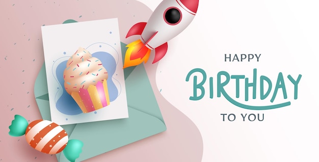 Happy birthday greeting vector design. Happy birthday to you text with invitation card elements.