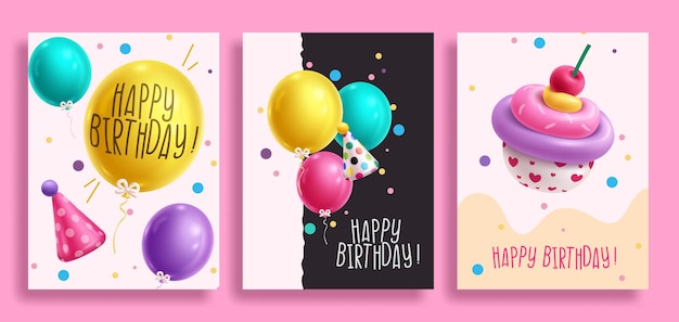 Vector happy birthday greeting vector poster set design birthday invitation card with balloons colorful