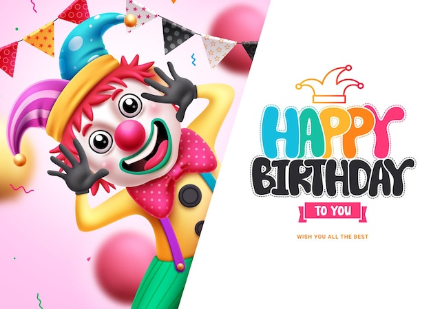 Happy birthday greeting vector template design Birthday greeting with colorful clown character