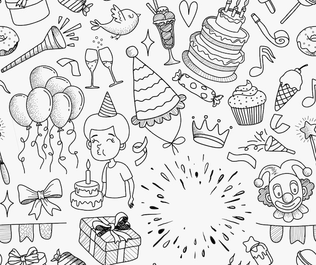 Happy birthday hand drawn seamless pattern.