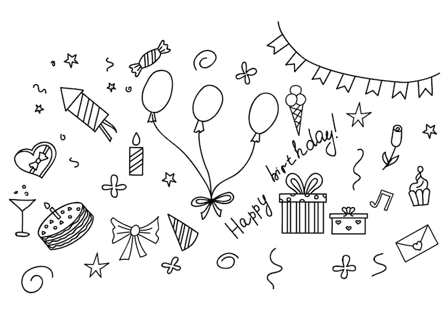 Happy birthday hand drawn sketch set with party attributes