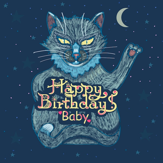 Happy Birthday Hand inscription lettering with a beautiful cat in space vector illustration