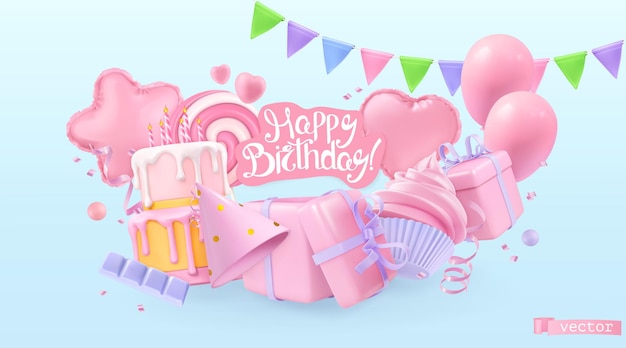 Happy birthday holiday background. 3d vector realistic objects. Toy balloons, heart, star symbols, cupcake, cake, gift box