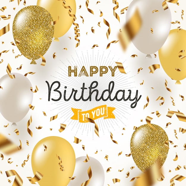 Happy birthday  illustration - Golden foil confetti and white and glitter gold balloons.