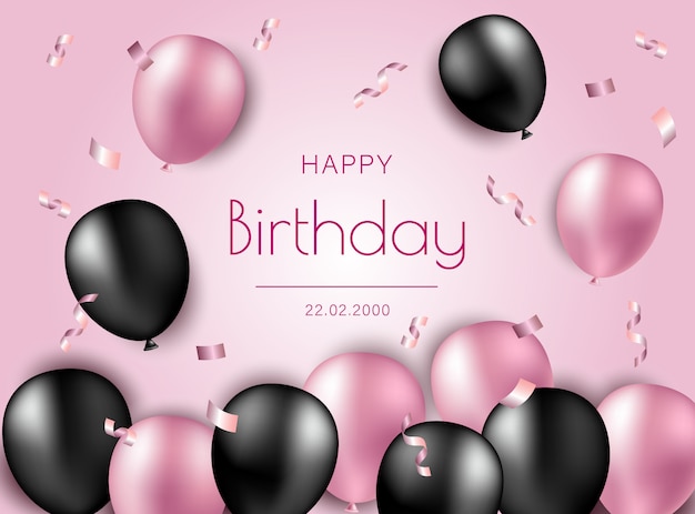 Happy Birthday  illustration with black and pink air baloons and confetti