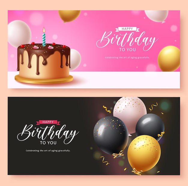 Happy birthday invitation card vector banner set design Birthday greeting card with chocolate cake