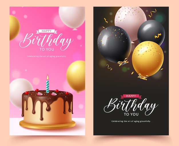 Happy birthday invitation card vector poster set design Birthday greeting card with chocolate cake