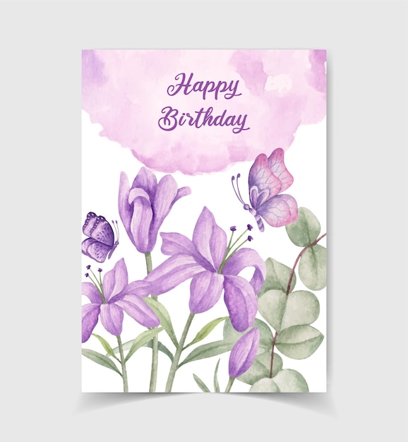 Happy birthday invitation card with watercolor floral decoration