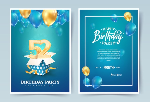 happy birthday invitation double card. fifty two years wedding anniversary celebration