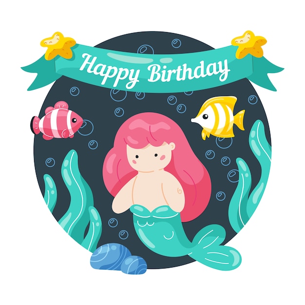 Happy Birthday. Kids birthday card with cute little mermaid and marine life