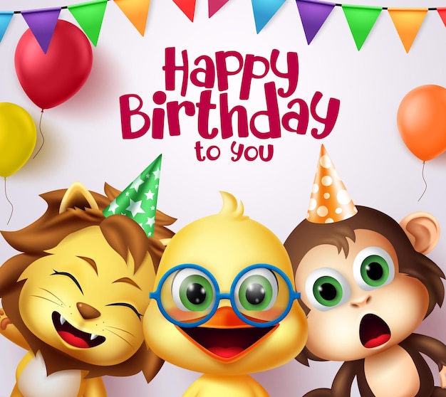 Happy birthday kids party animals costume character vector design Happy birthday to you greeting