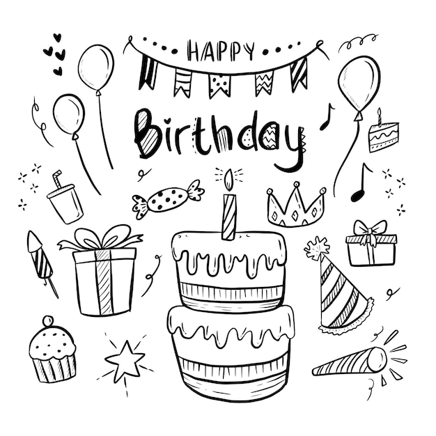 Happy Birthday lettering and cute drawing doodle set illustration vector