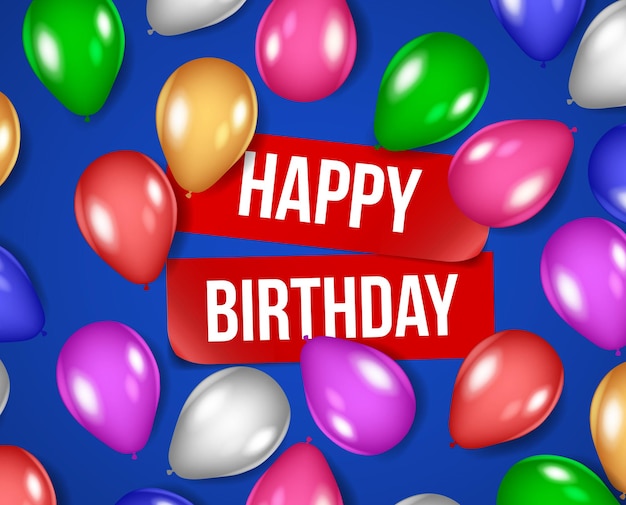 Happy Birthday lettering Poster with Shiny coloured Balloons. Group of balloons, happy birthday message for event. Colorful Happy Birthday. Announcement / poster / flyer / greeting card in a flat styl