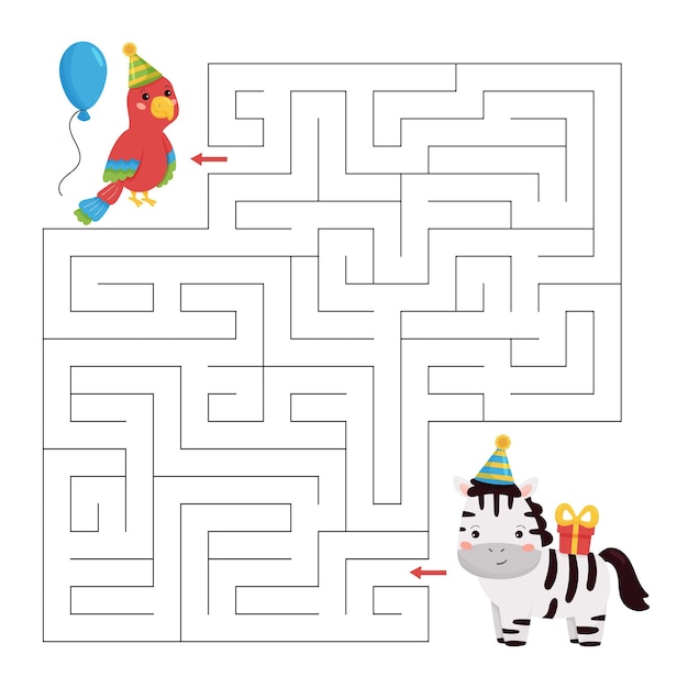 Happy Birthday maze game for children. Cute cartoon parrot and zebra with gift.