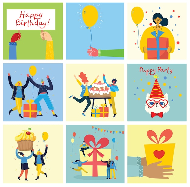 Happy birthday party background. Happy group of people celebrate on a bright background.