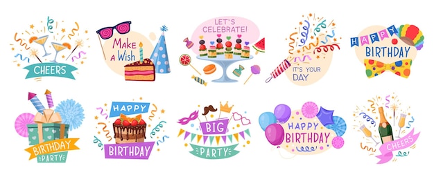 Happy birthday party celebration badges cartoon festive elements flat vector illustration collection