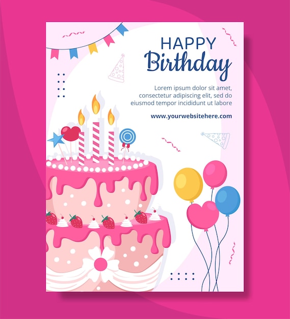 Happy Birthday Party Poster Template Flat Cartoon Background Vector Illustration