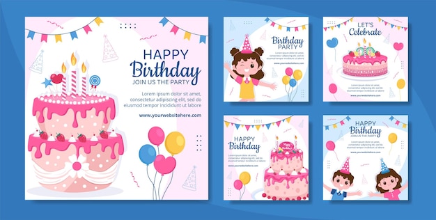 Happy Birthday Party Social Media Ig Post Template Flat Cartoon Background Vector Illustration