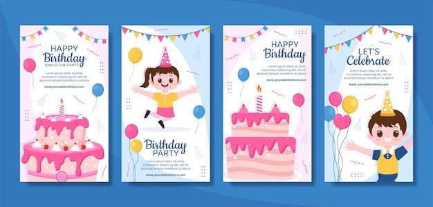 Happy Birthday Party Social Media Ig Stories Template Flat Cartoon Background Vector Illustration