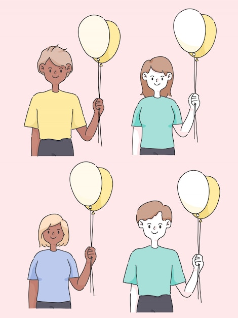 happy birthday people holding balloon cute people illustration