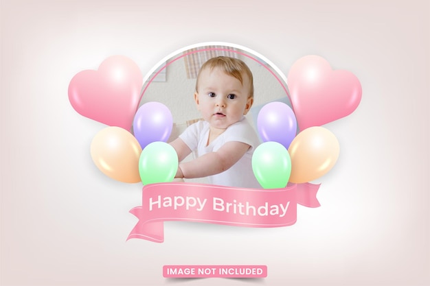 Happy birthday photo frame with balloons. Happy birthday photo frame with pink ribbon and typography. Beautiful birthday party card with pink, green, purple balloons. Digital party invitations.