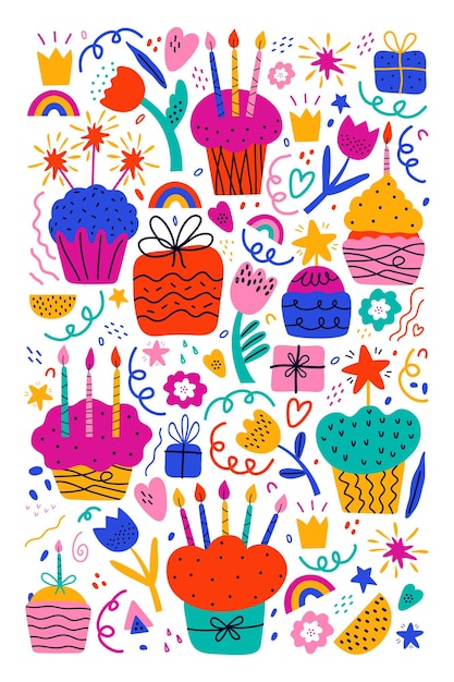 Happy birthday pop art poster Colorful abstract shapes and elements on white background Bday cake gift flowers heart crown star dots spots Trendy modern illustration for banner postcard