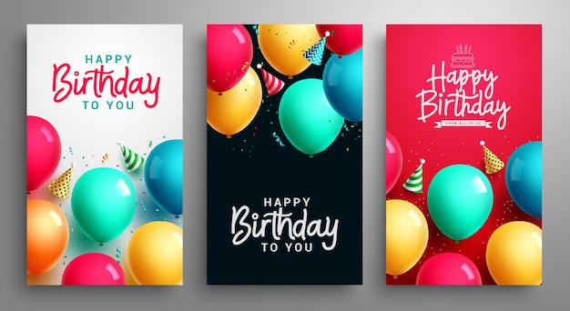 Happy birthday poster set vector design. Birthday greeting text collection with balloons