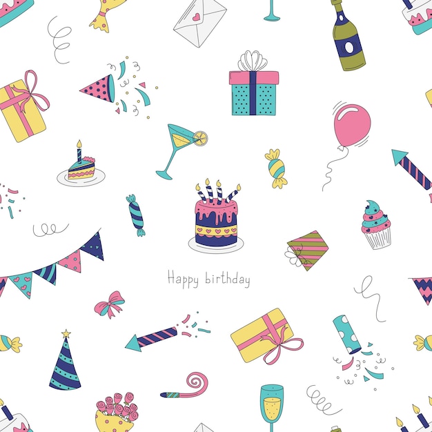 Happy Birthday Seamless pattern with birthday elements Cakes gifts balloons and more Flat vector