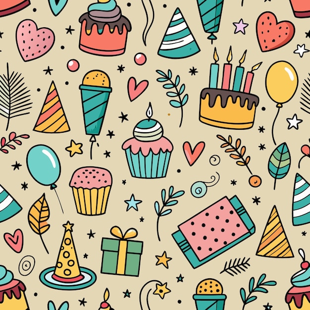 Vector happy birthday seamless pattern with colorful doodles on beige background